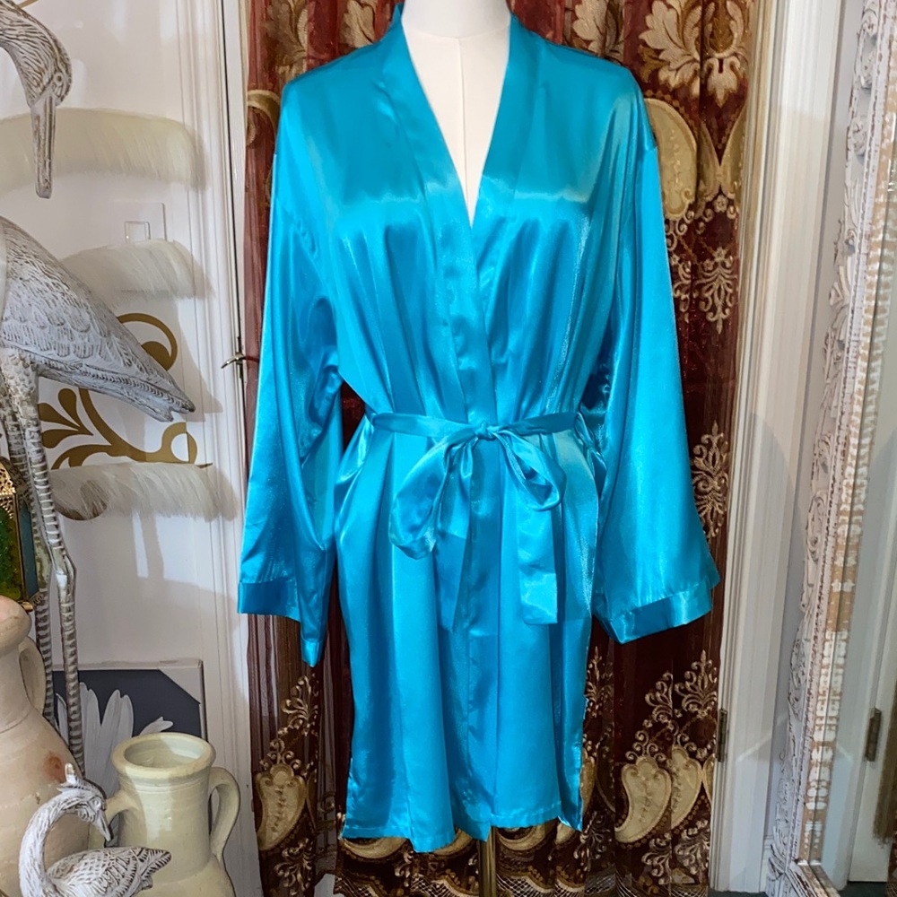 La SENZA Turquoise Satin Robe with Tie Waist